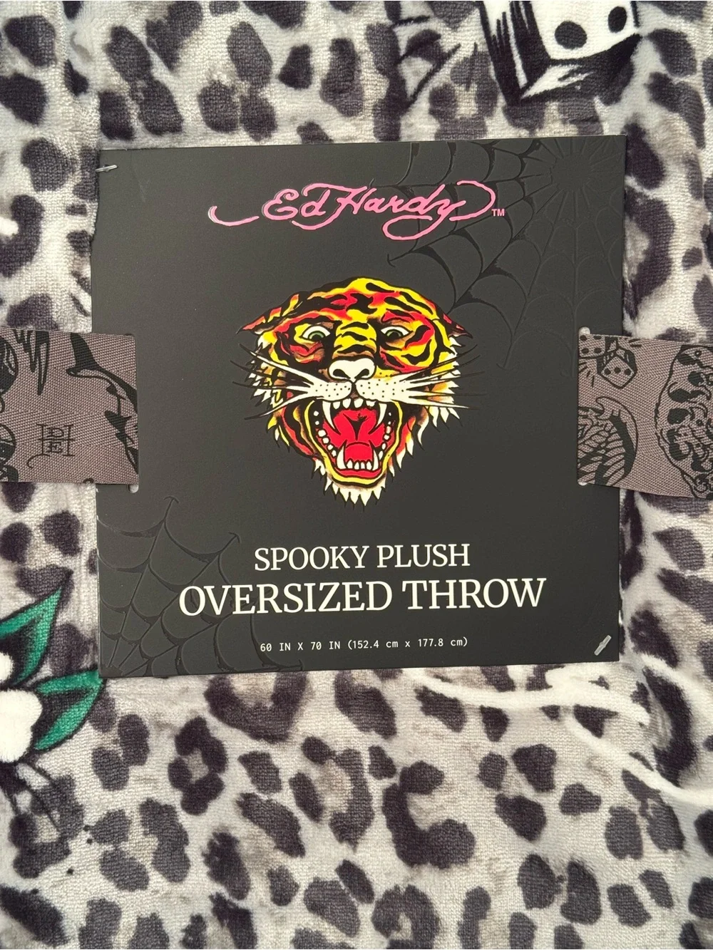 Ed Hardy Tiger Leopard Print Gray Plush Oversized Throw Blanket